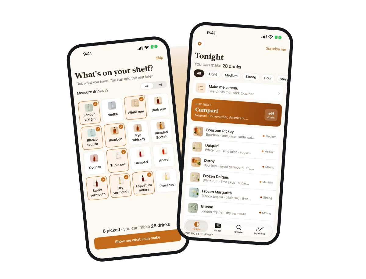 Pourable app screens on iPhone